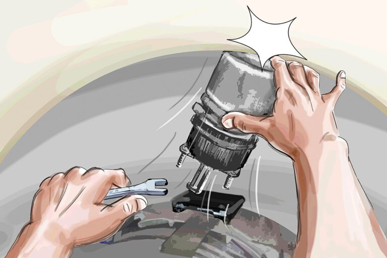 Illustration des Unfallhergangs mit zwei Händen, die einen Schraubenschlüssel und den Bremszylinder halten.