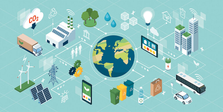 Eine Illustration mit allen möglichen Dingen des gewerblichen Alltags. Im Zentrum ist symbolisch die Erde abgebildet, mit der alle Dinge vernetzt sind. So wird eine positive Bildaussage zum Thema Umweltschutz vermittelt.