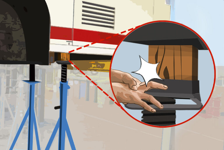 Illustration des Unfallhergangs mit zwei Händen, einem Kantholz und Dreibeinstützen unter einem Fahrzeug.