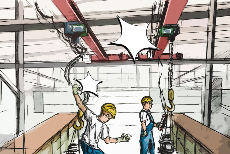 Illustration von zwei Industriekränen in einer Werkhalle die von zwei Arbeitern mit gelben Schutzhelmen bedient werden.