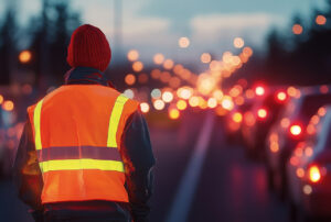 Eine Person trägt nachts eine leuchtend reflektierende Warnweste