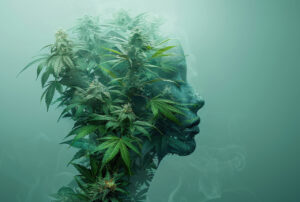 Fotomontage mit Cannabispflanzen und einem von Nebel umgebenem Profilbild