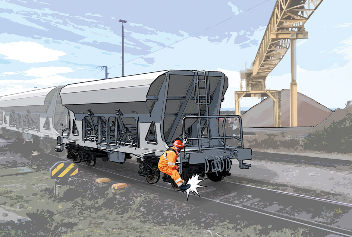 Ein Mitarbeiter gerät bei Rangierarbeiten mit dem Fuß unter einen Waggon
