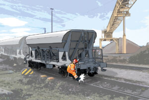 Ein Mitarbeiter gerät bei Rangierarbeiten mit dem Fuß unter einen Waggon