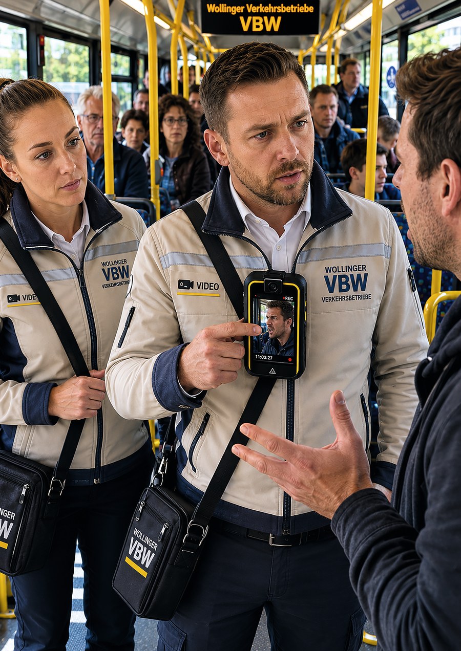 Sicherheitsmitarbeiter zeigen in einer gefüllten Straßenbahn einem Fahrgast, dass er mit der Bodycam gefilmt wird (Bild mit KI generiert)